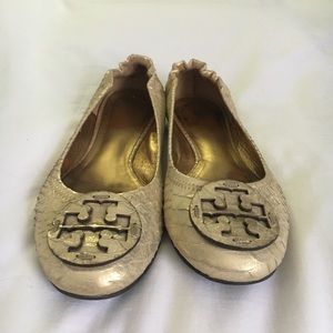 TORY BURCH, Gold python Reva ballet flats